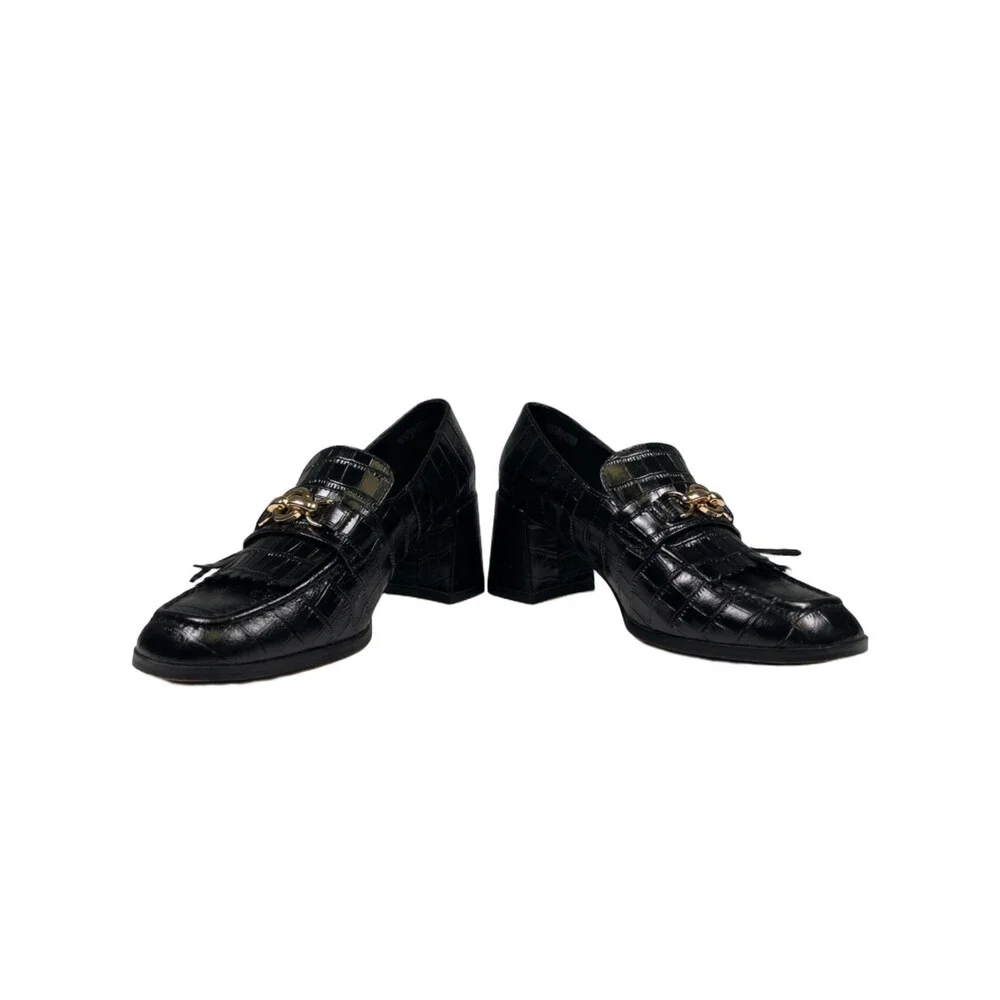 Ann Taylor Women's Black Leather Croco Loafer Pump Block Heels - 6